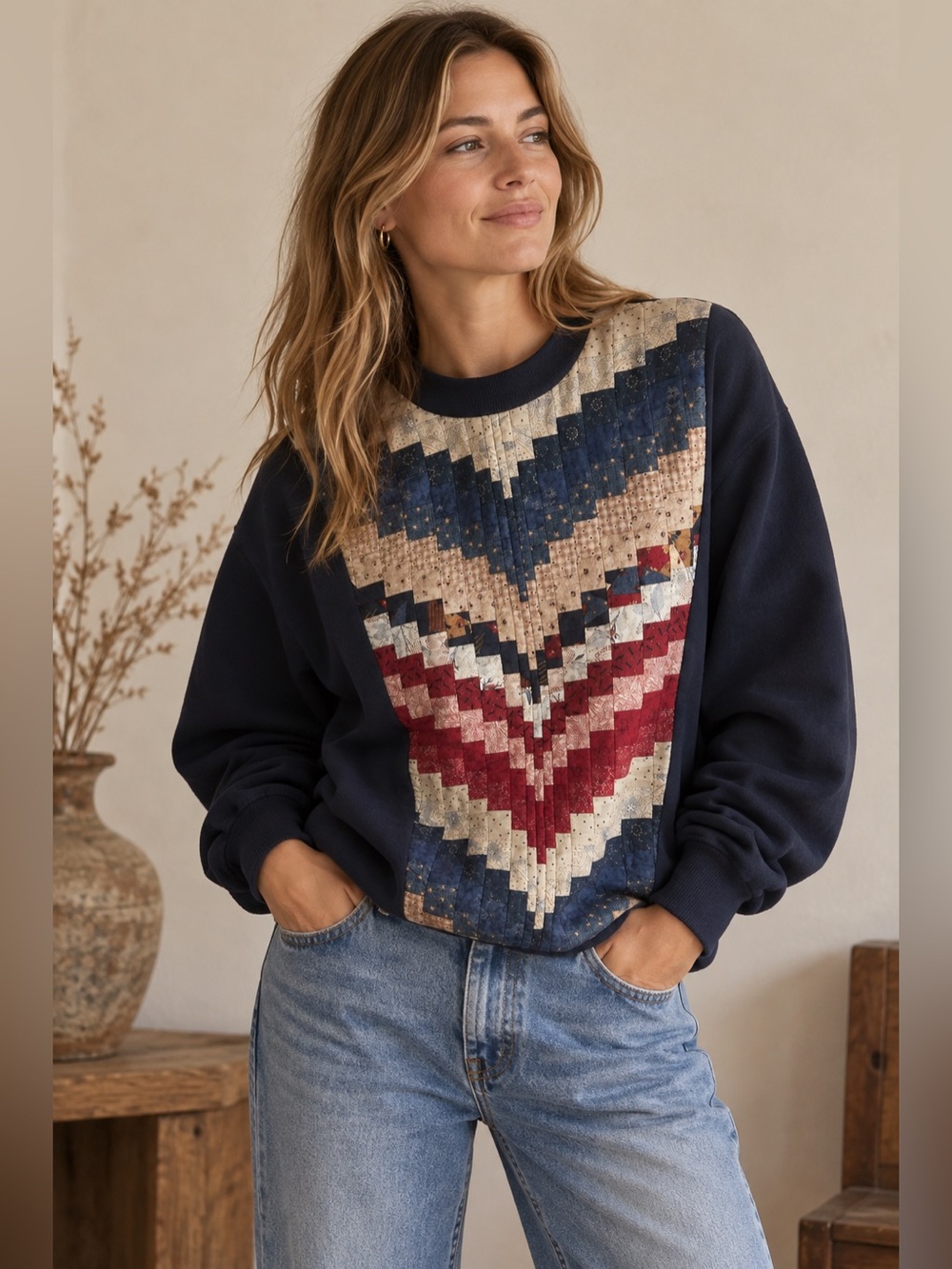 Vintage 90s Jerzees Chevron Patchwork Sweatshirt L Southwestern Americana